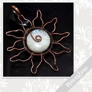 Rainbow Moonstone Copper Wire Wrap Sun Pendant, 3.4” (Pearl White, Blue-Violet)